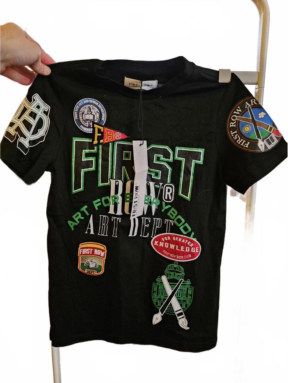 NEW - First Row Youth Medium - Black Short Sleeve NWT T-Shirt - Youth w/patches